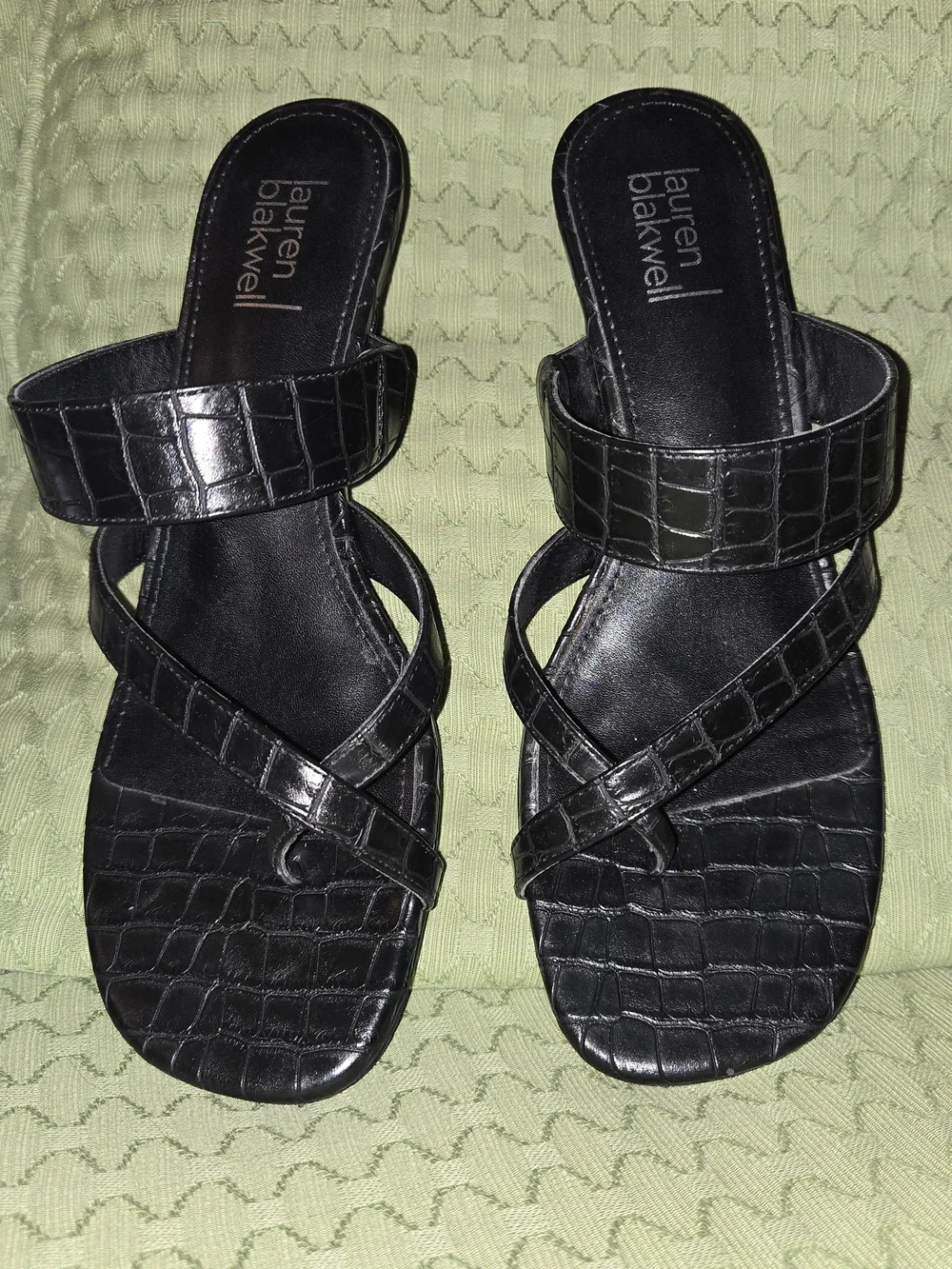 Kitten Heels Black Croc-Embossed Strappy Heel Sandals